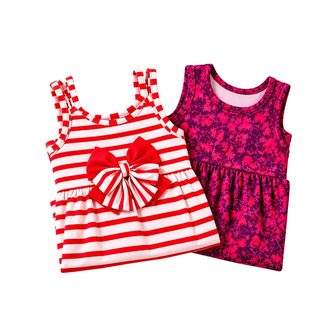 Red Stripe Bow & Magenta Floral Dresses (Pack of 2)