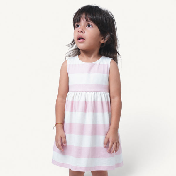 White & Peach Stripe Square Neck Frock