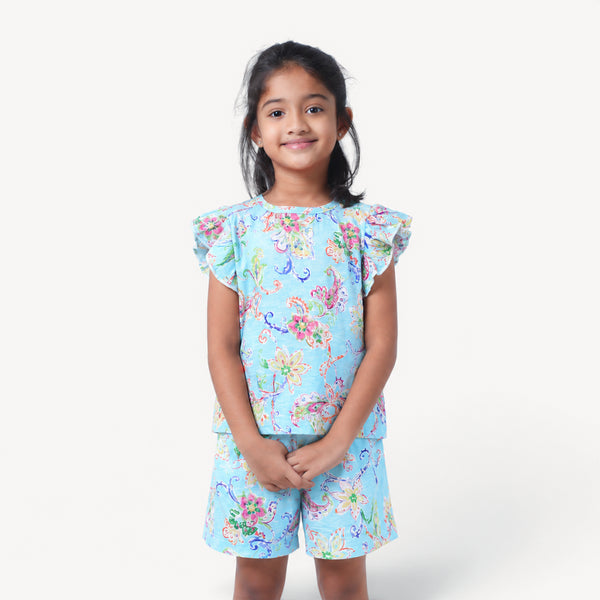 Blue Multi-Floral Ruffle Top Set