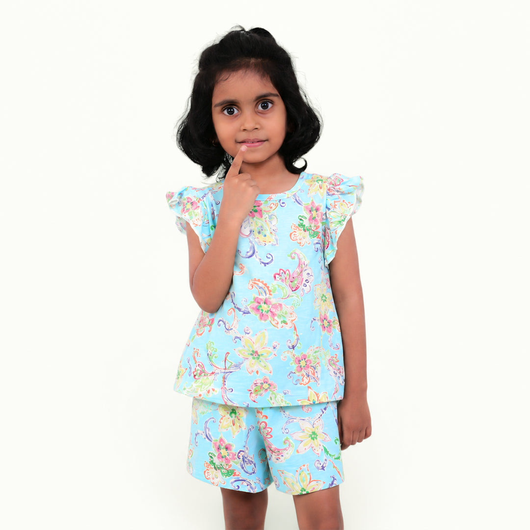 Blue Multi-Floral Ruffle Top Set