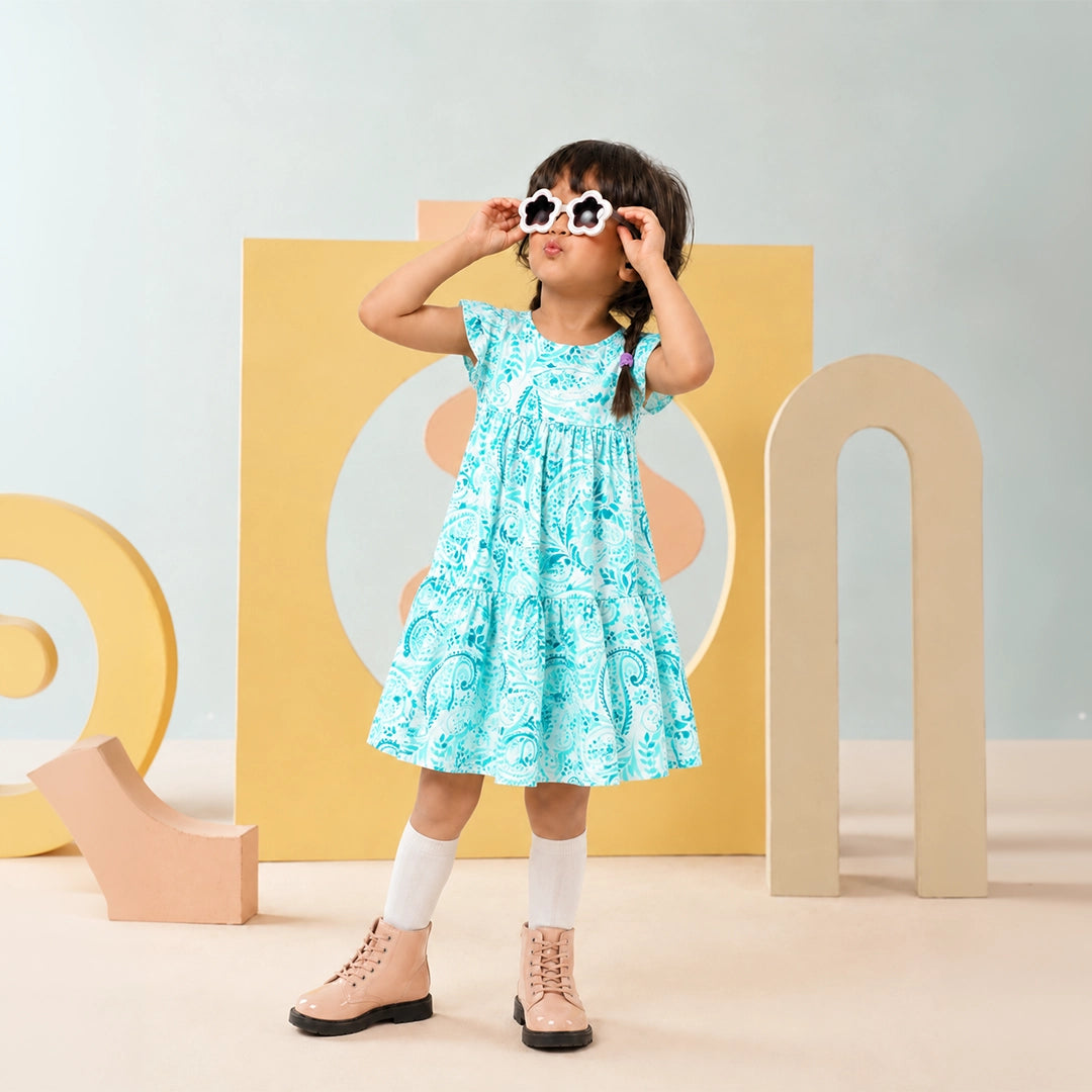 White + teal Floral Frock