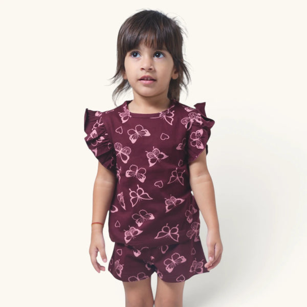 Maroon Butterfly Ruffle Top Set
