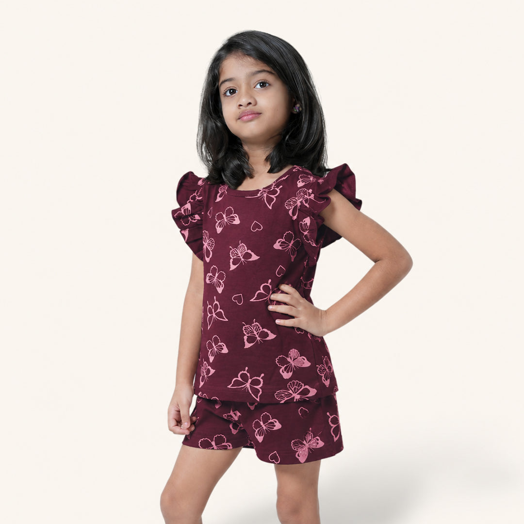Maroon Butterfly Ruffle Top Set