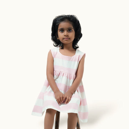 White & Peach Stripe Square Neck Frock