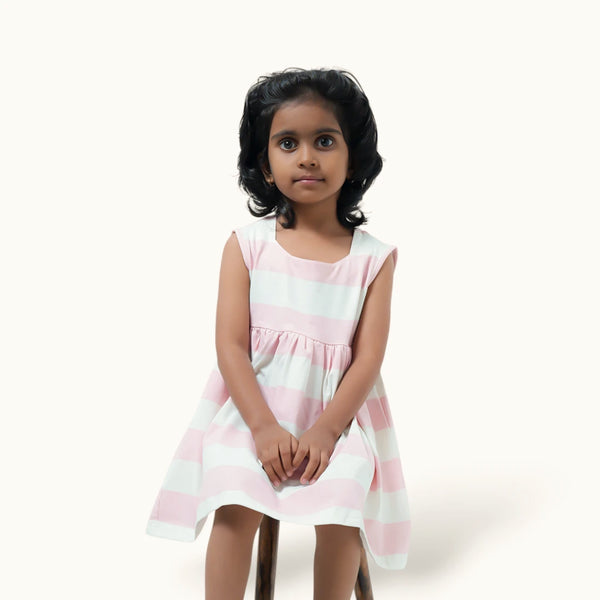 White & Peach Stripe Square Neck Frock