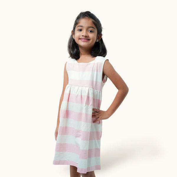 White & Peach Stripe Square Neck Frock