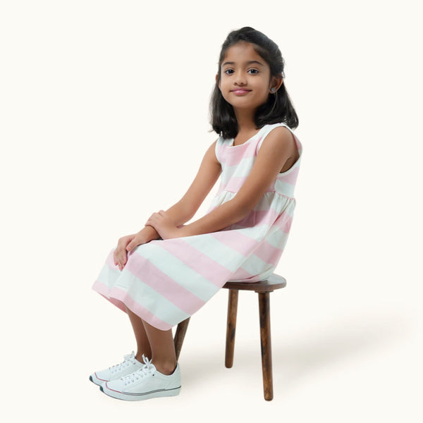 White & Peach Stripe Square Neck Frock