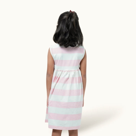 White & Peach Stripe Square Neck Frock