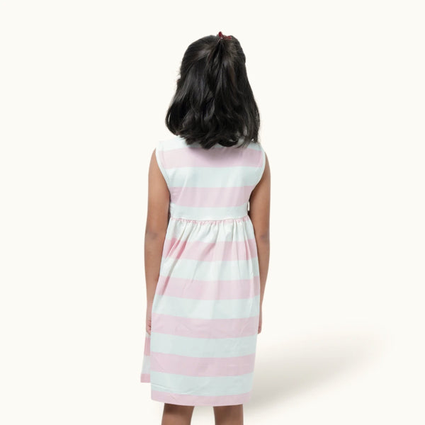 White & Peach Stripe Square Neck Frock