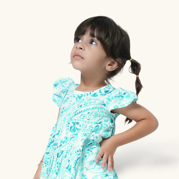White + teal Floral Frock