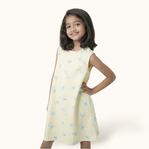 Yellow Blue Floral A-Line Frock